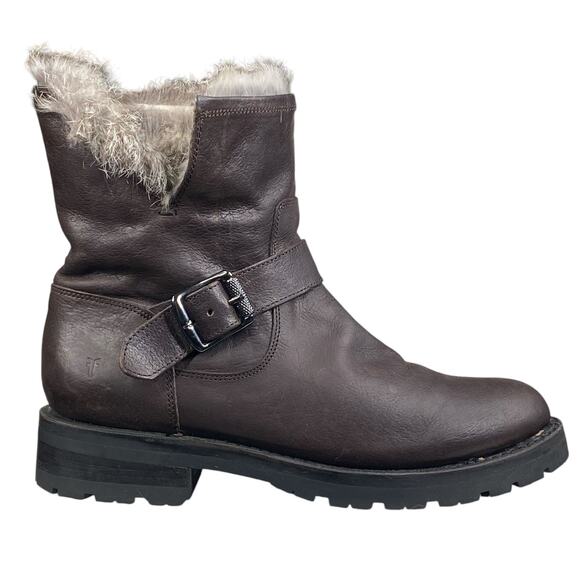 Frye Women’s Natalie Brown Leather Fur Lined Engineer Boot Size US 7.5 - Picture 1 of 14